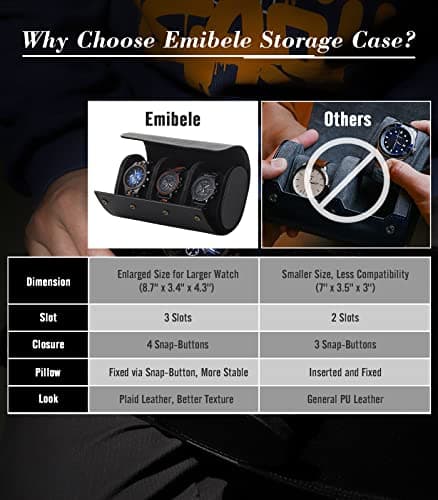 Emibele Watch Roll Travel Case, 3 Slot PU Leather Watch Case for Men Women — view 4