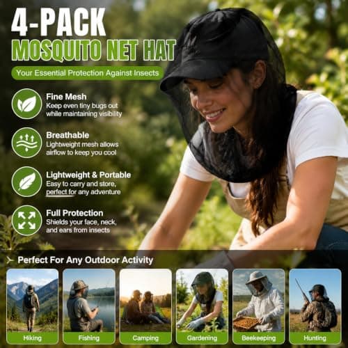 4 Pack Mosquito Net Cap, Adjustable Outdoor Insect Protection Hat with Fine Mesh, Lightweight Breathable Head Net for Hiking Camping Fishing Travel and Outdoor Activities — view 6