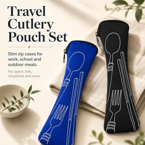 2 Piece Travel Cutlery Bag Set, Neoprene Cutlery Pouch for Camping Work School Picnic, Empty Utensil Case for Knife Fork Spoon Chopsticks, Reusable Zipper Storage Bag Black Blue — view 3