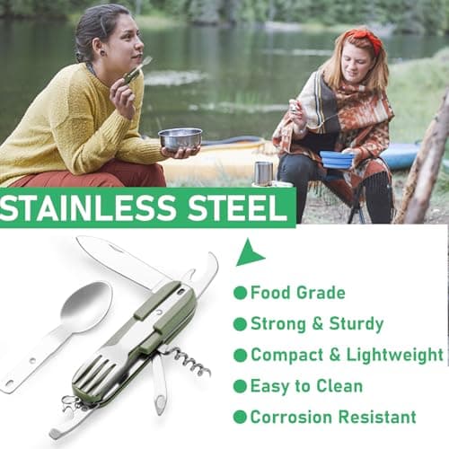Folding Camping Cutlery Set, 8 in 1 Stainless Steel Portable Utensil Detachable Reusable Travel Cutlery Tableware with Pouch Case for Camping Hiking Fishing Picnic On The Go — view 2