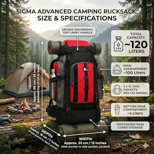 120L Extra Large Camping Travel Backpack Hiking & Fishing Rucksack (Red) — view 2