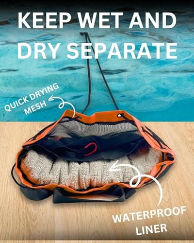 JIMJOOS Drawstring Mesh Swimming Bag - 25L Waterproof Swim Bag with Wet/Dry Compartment, Multifunctional Sports Backpack for Kids, Adults, Swimming, Surfing, Beach, Gym (Orange) — view 2