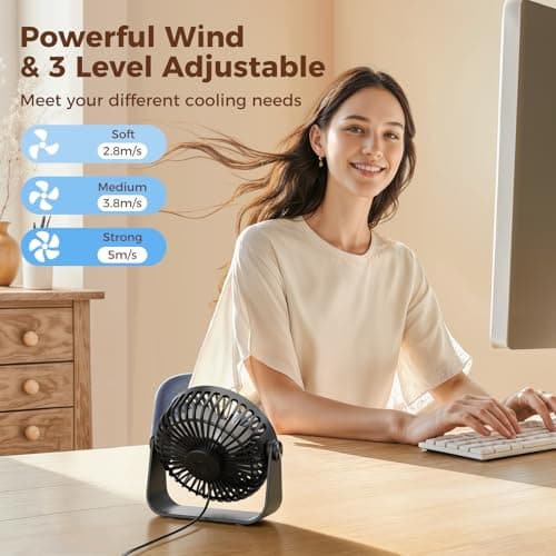 TriPole USB Desk Fan, 3 Speeds Adjustable Strong Wind Table Fan, 360° Head Rotatable 1.5 m Cable Personal Desktop Fans, 4.5 Inches Portable Mini Fan for Table Home Bedroom Office Indoor Outdoor, Black — view 2