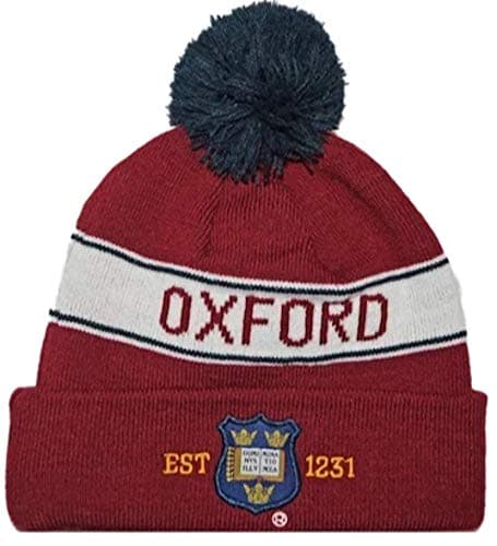 OUB102 Official Oxford University™ Pom Pom Beanie Hat Maroon | Unisex Woolly Winter Hat | Licensed Oxford Crest Embroidery | One Size Fits All — view 4