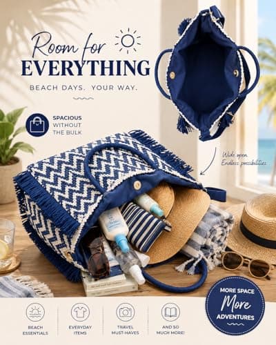 Woodland Leathers Womens Summer Bag, Straw Beach Bag, Large Woven Tote Bag with Raffia Fringe, Boho Chevron Design, Detachable Adjustable Shoulder Strap Holiday Handbag (Blue, Large) — view 5