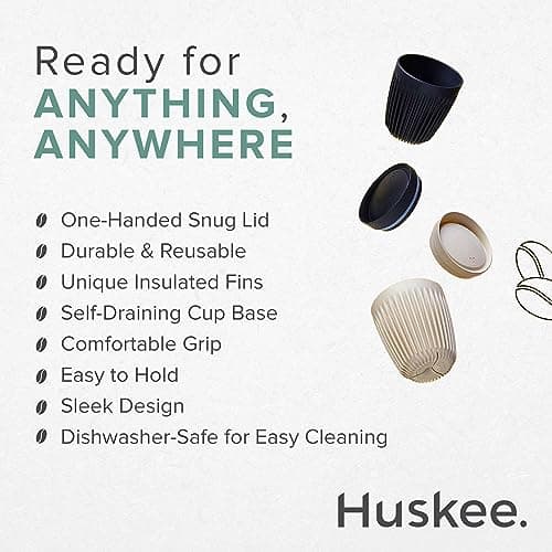 HUSKEE Coffee Cups with Lids - Reusable Coffee Cup with Unique Fins for Espresso, Cappuccino, Americano, Mocha - Insulated & Portable Latte Cups Made with Repurposed Coffee Husks (Charcoal, 8oz) — view 4