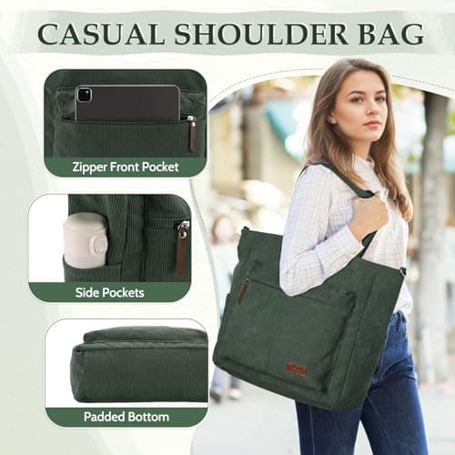 Kasgo Corduroy Tote Bag for Women, XXL 15.6" Laptop Work College Bag, Green — view 5