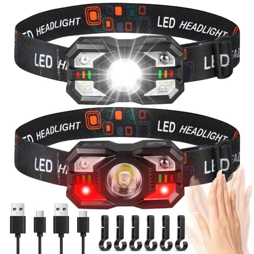 Adiwo 2PCS LED Rechargeable Headlamp, Super Bright Sensor with 6 Light Modes, IPX4 Waterproof LED Headlamp, Perfect for Jogging, Camping, Fishing