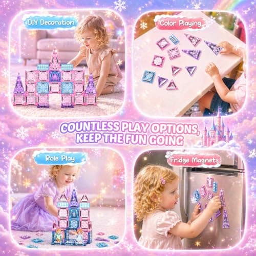 Travel Magnetic Tiles for Kids 43 Pcs, Mini Magnatiles Travel Set Magnet Toys for 3 4 5 6 Year Old Girls Toddler Plane Activities Games Magnetic Blocks Building Birthday Gifts for Girl Princess — view 4