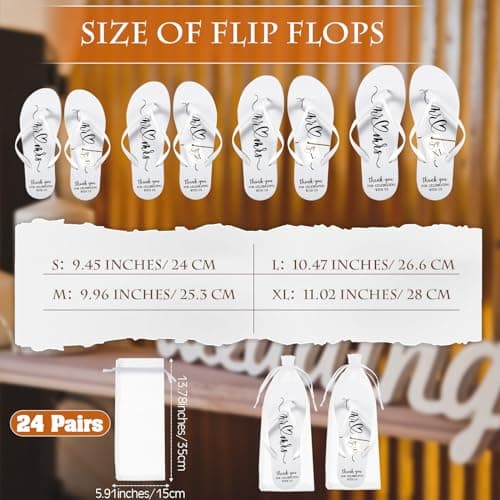 Breathffy 24 Pairs Wedding Flip Flops Bulk Slippers Flip Flops Women Wedding Sandals with Size Cards Drawstring Bags, White, Small-X-Large — view 3