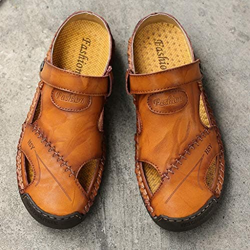 Summer Men'S Casual Leather Sandals, Outdoor Beach Shoes Leather Outdoor Hiking Sandals Closed Toe Casual Walking Sandals Beach Summer Sandals For Hiking Trekking Breathable Travel Slippers — view 3