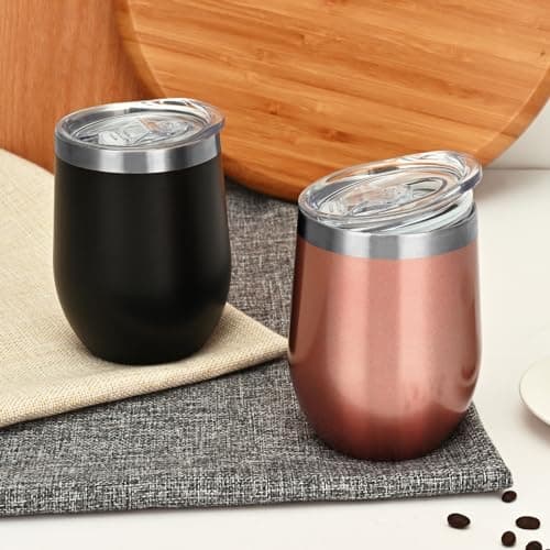 Joymaking 12oz Reusable Coffee Cup, 2 Pack Double Walled -Insulated Travel Mug Vacuum Stainless Steel Wine Tumbler with Spill Proof Lid, Great for Coffee, Tea, Milk and Wine, Black Rose Gold — view 2
