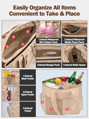 2 in 1 Insulated Dry-wet Separation Cooler Backpack Shoulder Bag 12-Hour Cold Retention, Large Leakproof Soft Cooler Bag, Waterproof Travel Cooler for Beach, Picnic, Camping for Women Khaki — view 6