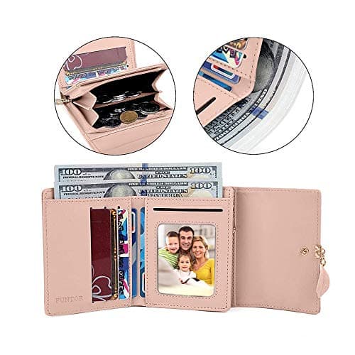 FT FUNTOR PU Leather Wallet for Women RFID-Blocking, Ladies Bifold Leaf Pendant Coin Zipper Small Purse with 5 Card Slots and 1 ID Window Card Holder Organizer(S-Teal Blue) — view 3