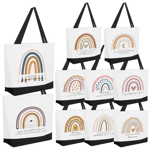 Xaztr 10 Pack Canvas Tote Bags Bulk Thank You Gift Bag with Inspirational Reusable Teacher Appreciation Bags for Women Friends Staff, Rainbow