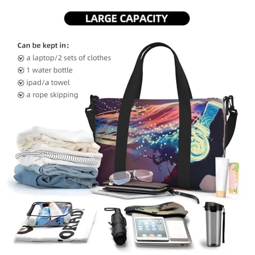 Woman with Glowing Headphones Print Travel Duffle Bag Lightweight Weekend Bag Travel Bag Holdall with Adjustable Strap for Weekend Trips Gym Travel Daily Use — view 6