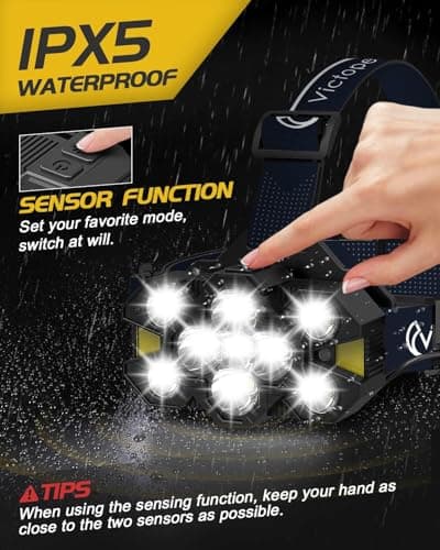 Victoper Rechargeable Head Torch with Upgraded 11 LED, 25,000 Lumen Super Bright Headlamp, 12+12 Modes, Waterproof, Gesture Sensing Hands-Free Light for Camping, Running, Fishing, and Hiking Blue — view 6