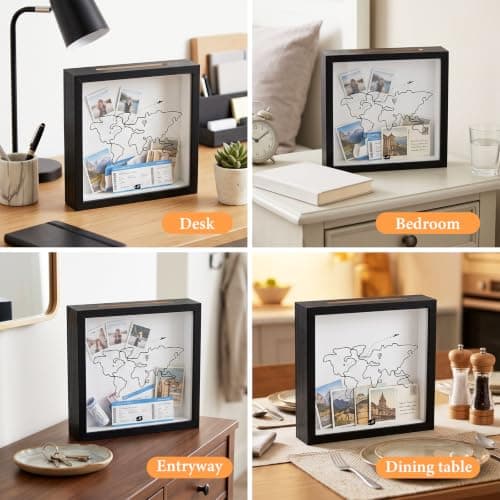 Adventure Archive Box, Ticket Shadow Box – Wooden Travel Memory Display Frame with Front Slot for Tickets, Cards & Photos, Gift for Travellers & Keepsake Storage (Black, 20x20 CM) — view 5