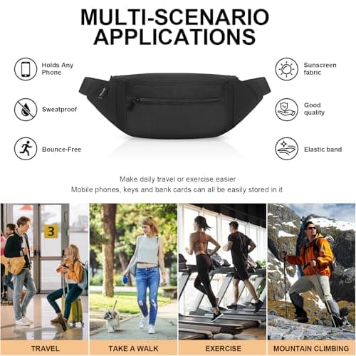 Bum Bag for Men Women, Waist Bag with Multiple Zipped Pockets and Adjustable Belt, Lightweight Fanny Pack for Running, Walking, Hiking, Travel, Festivals and Outdoor Sports, Black — view 3