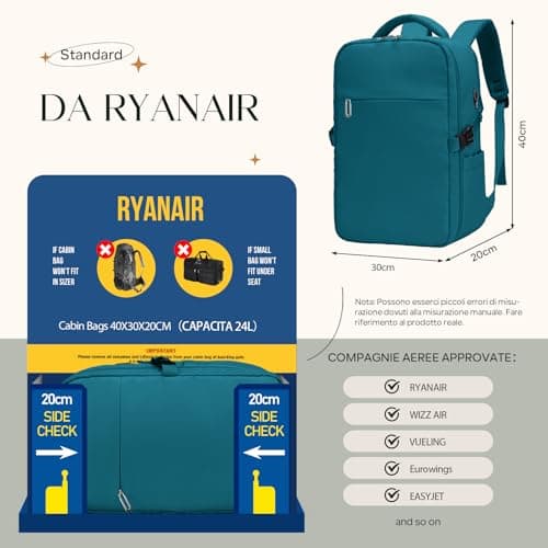 ZHXX for Ryanair Cabin Bag 40x30x20, Hand Luggage Bag, Carry-On, Underseat Cabin Bag, Fits 14-Inch Laptop with Anti-Theft Pocket — view 2