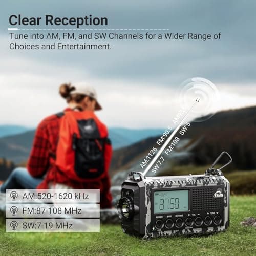Emergency Hand Crank & Solar Powered Radio with USB Phone Charger, 12000mAh Battery, AM/FM/SW, SOS Alarm, and Flashlight – Portable Survival Radio for Outdoor Adventures (Camouflage Gray) — view 2