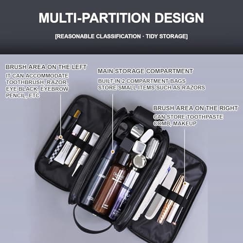 Vbvbip Large Business Travel Toiletry Bag for Men, TSA Approved Waterproof Dopp Kit, Leather Shower Bag with Separate Compartments for Toiletries - Black — view 3