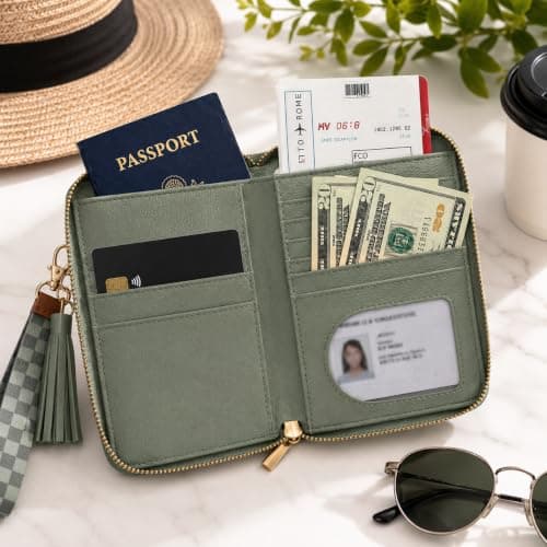 Vellichor Europe Olive Green Passport Wallet with RFID Blocking, for Cash/Cards/Boarding Pass, Travel Holder with Strap, Zip, Organiser with Card Slots, Cash Pocket & ID Window — view 4