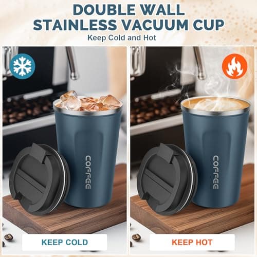 MOMSIV Blue Coffee Cup, Vacuum Reusable Leakproof Double Wall Coffee Cup, Insulation Stainless Steel Eco-Friendly Travel Office Mug for Hot Coffee Tea and Cold Drinks, 13oz/380ml — view 4