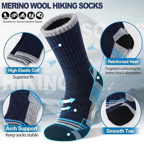 MOGGEI Mens Merino Wool Hiking Socks Thermal Warm Winter Breathable Cushioned Cosy Crew Socks for Walking Trekking Outdoor Sport 5 Pairs, UK Shoe Size 7-11(Grey/Blue/Dark Blue/Black) — view 3