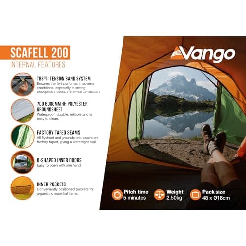 Vango Scafell 200 Tent Hiking Backpacking Wild Camping | DofE Recommended Kit | Waterproof, Easy Setup, Lightweight, Compact | Alloy Poles & 3000mm HH Material (2 Person) — view 6