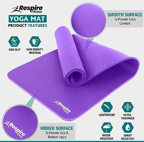 Respire Fitness Yoga Mat for Men and Women, 185 x 57 cm, Thick Cushion with Smooth and Ribbed Surfaces, Non-Slip Sweat Resistant Material for Pilates, Stretching, Fitness, and Meditation (Purple) — view 2