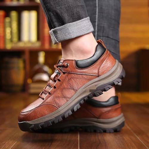 Leather Walking Shoes Men Lace Up Hiking Trainers Non-Slip Trekking Sneakers Wide Fit Mountain Trainers Low Rise Camping Sneakers Waterproof Backpacking Climbing Shoes Footwear Outdoor Coffee — view 3
