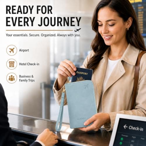 ILIYAH RFID Passport Wallet Holder - PU Leather Travel Document Organiser with Zipper Wrist Strap Card Coin SIM Slots for Men Women Family Trips (Blue) — view 6