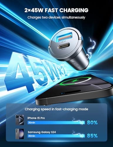 Lamicall 45 W Cigarette Lighter USB C Car Charger - [Super Mini All Metal] 24 V/12 V USB Adapter Car with 45 W USB C & USB A Quick Charger, PD & QC3.0 Car Charger for iPhone 17/16/15, Samsung — view 5
