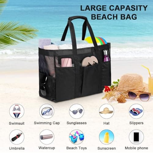 flintronic Large Mesh Beach Bag, Summer Beach Bags with Zipper, Waterproof Travel Tote Nylon Mesh Bags, Multi Pockets Large Shoulder Bag for Travel Picnic Vacation Shopping-60 x 35 x 18 CM — view 5
