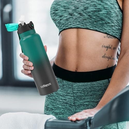 GOPPUS 750ml/26oz Stainless Water Bottle with Straw Double Wall Insulated Bottles with Strap Reusable Vacuum Thermal Flask Leakproof Keep Cold Drinks Bottles with Flip Top Lid BPA Free (Green Black) — view 6