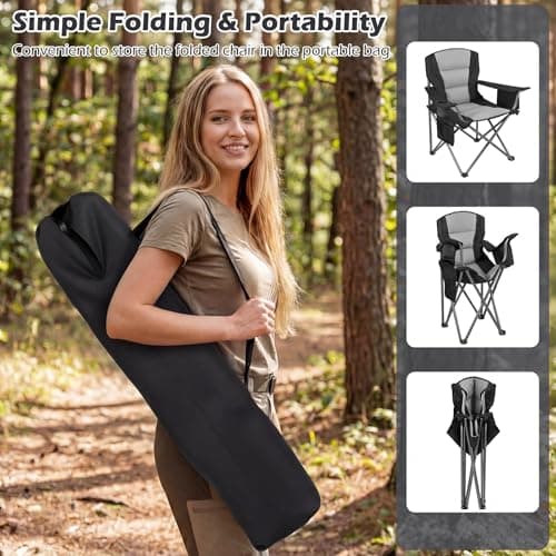 COSTWAY 180kg Oversized Camping Chair, Portable Folding Chair with Carrying Bag, Zippered Cooler Pouch, Cup Holder and Side Storage Pocket, Outdoor Padded Lawn Chair for Fishing & Picnics (Grey+Black) — view 6