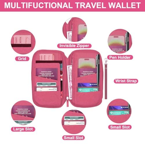 Passport Holder Travel Wallet, Large Capacity Travel Document Holder, RFID Blocking Waterproof Portable Travel Wallet Organiser for Cash Passport ID Card Credit Cards Flight Ticket Pen (Rose Red) — view 3