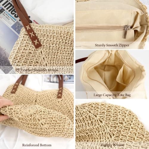 Straw Beach Bag for Women, Summer Straw Tote Bag Handbag with Zip Leather Handles, Retro Handmade Boho Casual Woven Travel Holiday Shoulder Bags for Beach Vacation Outdoor Shopping Daily Use (Beige) — view 6