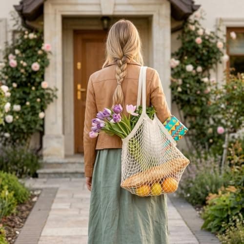 2 Pcs Mesh Bags,String Bag,Reusable Mesh Produce Bags,Organic Grocery Cotton Shopping Bag,Fruit Net Bag,Washable Drawstring Net and Beach Mesh-Bags for Storing Garden Bulbs,Fruits Vegetables — view 6