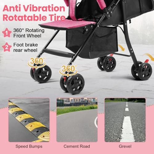 Travel Baby Stroller, Baby Pushchair Up to 10kg Buggy One-Hand Folding Infant Pushchair with Adjustable Backrest, Canopy, Storage Basket for 0-2 Years Toddlers (Pink) — view 5