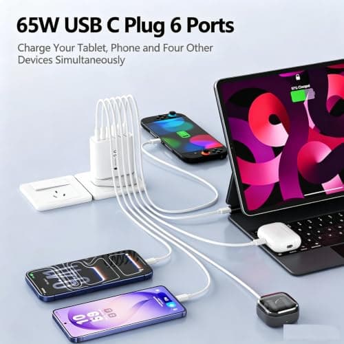 USB C Plug 65W Multi USB C Charger with 3×USB-C & 3×USB-A Port Phone Charger For iPhone 17/16/15/14 Pro Max iPad AirPods Samsung Galaxy Google Pixel USB Plug UK Portable Charger with 1.8M TypeC Cable — view 5