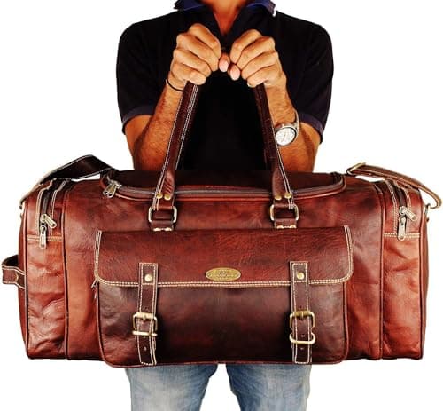 Hulsh Leather Duffle Bags for Men 24 Inch | Vintage Brown Genuine Leather Travel Bags for Mens Overnight Weekend | Best Full Grain Leather Luggage Duffel Carry On Weekender Sports Gym Bag for Women — view 5