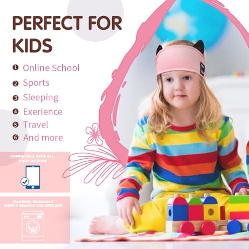 Joythink Kids Bluetooth Headband Headphones Sleep Mask Wireless Earphones Built in Thin Speaker Adjustable Sports Headset Sleep Headband for Girls Boys Toddler Children Baby Travel Study Pink — view 2
