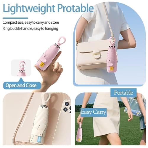 Travebo Mini Travel Folding Umbrella with Carabiner Ring Handle for Women Kids,Lightweight Compact,Portable Small,Handbag,Pocket,UV Protection,Fiberglass Ribs,Teflon coating,Rain Sun — view 4