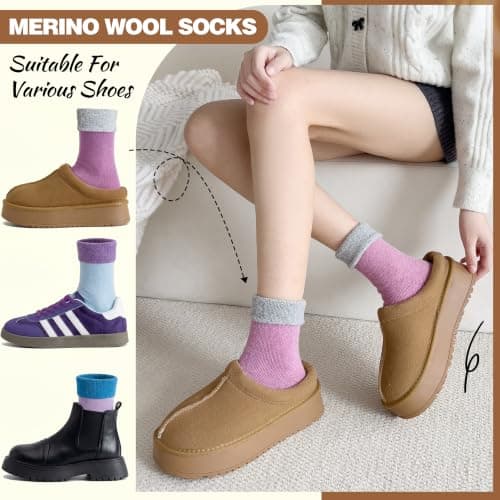 EBMORE Womens Merino Wool Socks Thermal Thick Warm Winter Cosy Boot Work Gift Stocking Fillers Women Hiking Walking Ladies Socks 5 Pairs(Turn Cuff Purple) — view 3
