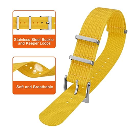 ANNEFIT Nylon Watch Strap 20mm, One-Piece Waterproof Military Watch Band with Heavy Silver Buckle (Yellow) — view 3