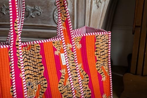 IBOAH Large Quilted Cotton Tote Bag Tiger Print, Beach Travel (Orange) — view 4
