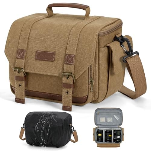 RAINSMORE Vintage Camera Sling Bag, Waterproof Canvas DSLR Mirrorless Crossbody Bag with 10mm Shockproof Padding, Rain Cover & Tripod Holder, Photography Shoulder Messenger Bag for Men Women Khaki
