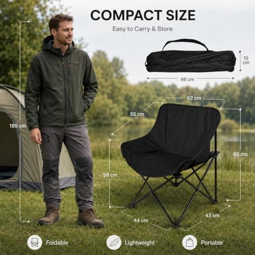 HomlyPro Folding Camping Chair, Pack of 1 - Lightweight & Durable Metal Frame, Compact Outdoor Chair for Adults, Perfect for Fishing, Picnics, Beach, Garden, and Outdoor Uses (Black) — view 2